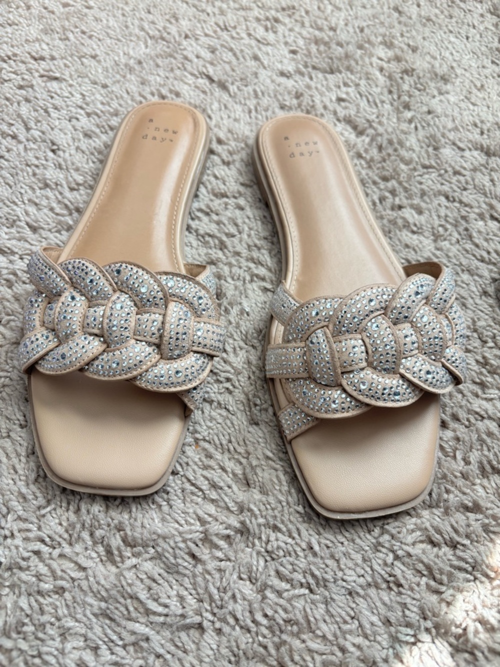 Nude Braided Crystal Slide Sandals